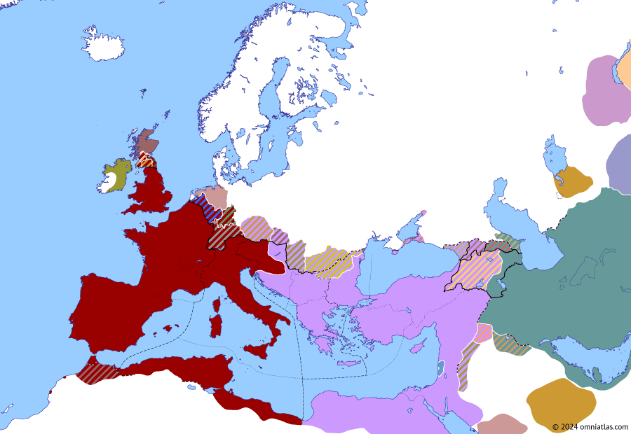 Political map of Europe & the Mediterranean on 28 Sep 351 (The Constantinian Dynasty: Battle of Mursa Major), showing the following events: Abdication of Vetranio; Constantius Gallus; Jewish Revolt against Gallus; Battle of Mursa Major.