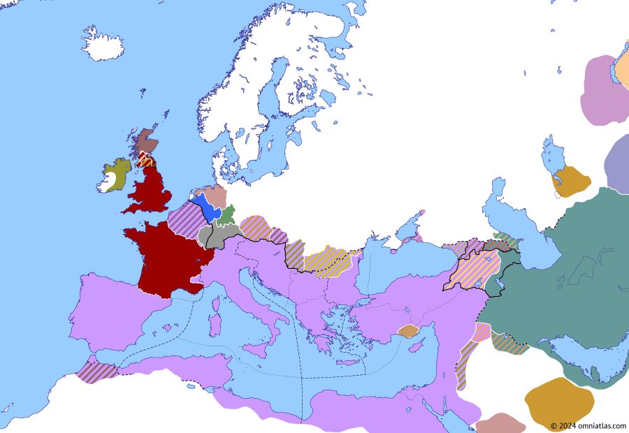 Political map of Europe & the Mediterranean on 03 Jul 353 (Constantinian Dynasty: Battle of Mons Seleucus), showing the following events: Fall of Magnentian Italy; Constantius II’s Second Sarmatian Campaign; Constantius Gallus’ Isaurian War; Chnodomar vs Decentius; Poemenius; Battle of Mons Seleucus.