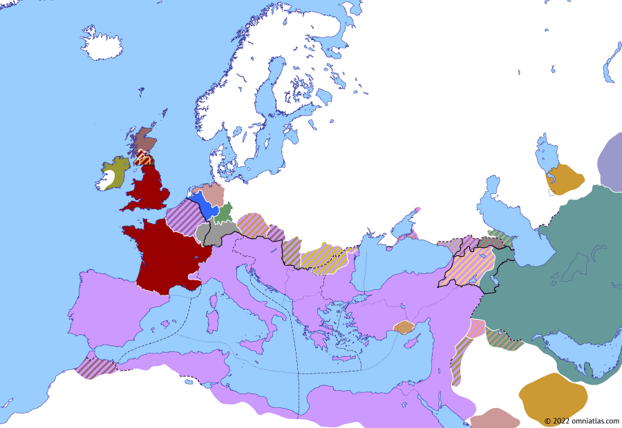 Political map of Europe & the Mediterranean on 03 Jul 353 (The Constantinian Dynasty: Battle of Mons Seleucus), showing the following events: Fall of Magnentian Italy; Constantius II’s Second Sarmatian Campaign; Constantius Gallus’ Isaurian War; Chnodomar vs Decentius; Poemenius; Battle of Mons Seleucus.