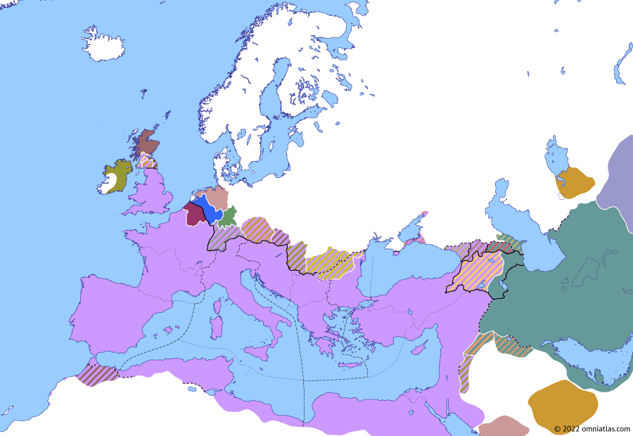 Political map of Europe & the Mediterranean on 11 Aug 355 (The Constantinian Dynasty: Silvanus), showing the following events: Shapur II’s Chionite War; Nohodares; Constantius II’s Alemannic War; End of Constantius Gallus; Silvanus.