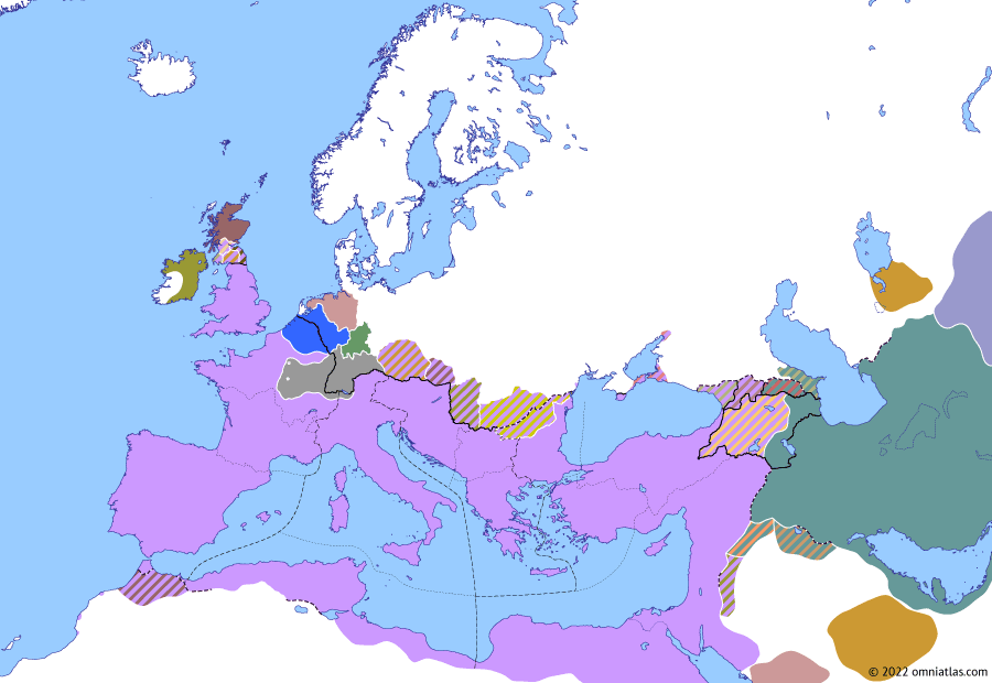 Political map of Europe & the Mediterranean on 24 Jun 356 (The Constantinian Dynasty: Julian’s Gallic Wars), showing the following events: Siege of Colonia Agrippina; Julian Caesar; Siege of Autun.