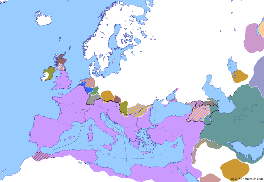 Political map of Europe & the Mediterranean on 15 Sep 357 (Constantinian Dynasty: Battle of Strasbourg), showing the following events: Battle of Brumath; Recovery of Colonia Agrippina; Siege of Senonae; Danubian campaign of 357; Alemannic attack on Lugdunum; Battle of Augusta Rauracorum; Battle of Strasbourg.