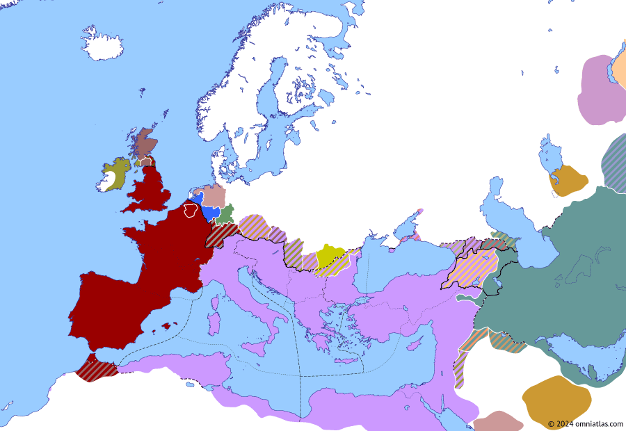 Political map of Europe & the Mediterranean on 14 Feb 360 (Constantinian Dynasty: Usurpation of Julian), showing the following events: Alemmanni campaigns; Salian Franks; Danubian campaigns of 358; End of the Limigantes; Renewal of Nisibis War; Siege of Amida; Capital of Constantinople; Lupicinus in Britain; Usurpation of Julian.