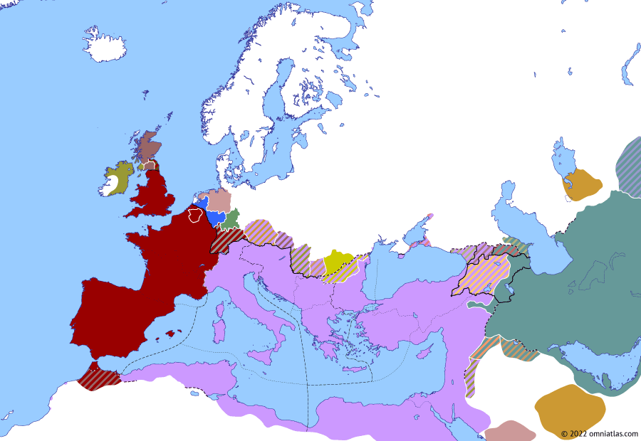 Political map of Europe & the Mediterranean on 14 Feb 360 (Constantinian Dynasty: Usurpation of Julian), showing the following events: Alemmanni campaigns; Salian Franks; Danubian campaigns of 358; End of the Limigantes; Renewal of Nisibis War; Siege of Amida; Capital of Constantinople; Lupicinus in Britain; Usurpation of Julian.