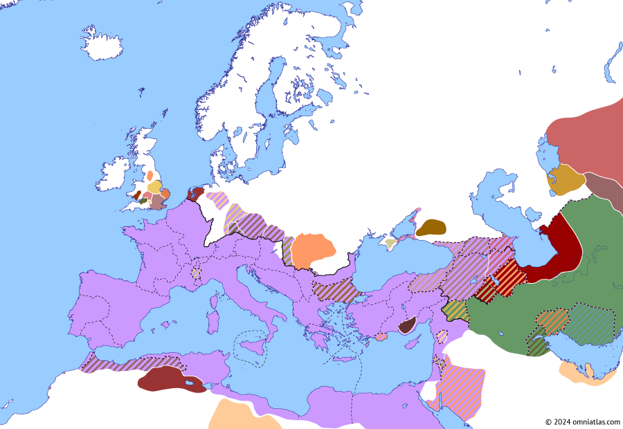Political map of Europe & the Mediterranean on 29 Feb 36 AD (Julio-Claudian Dynasty: Civil Wars of Artabanus II), showing the following events: Conspiracy of Sejanus; Battle of Baduhenna Wood; Wielbark culture; Rise of the Kushans; Crucifixion of Jesus; Armenian Succession War of 35; Parthian Civil War of 36; Clitae Revolts.