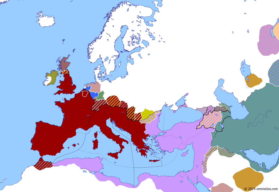Political map of Europe & the Mediterranean on 03 Nov 361 (Constantinian Dynasty: Death of Constantius II), showing the following events: Julian’s Attuarii Campaign; Siege of Singara; Shapur II’s Siege of Bezabde; Austoriani; Constantius II’s Siege of Bezabde; Vadomar’s Revolt; Julian’s Illyrian Campaign; Revolt of Aquileia; Death of Constantius II.