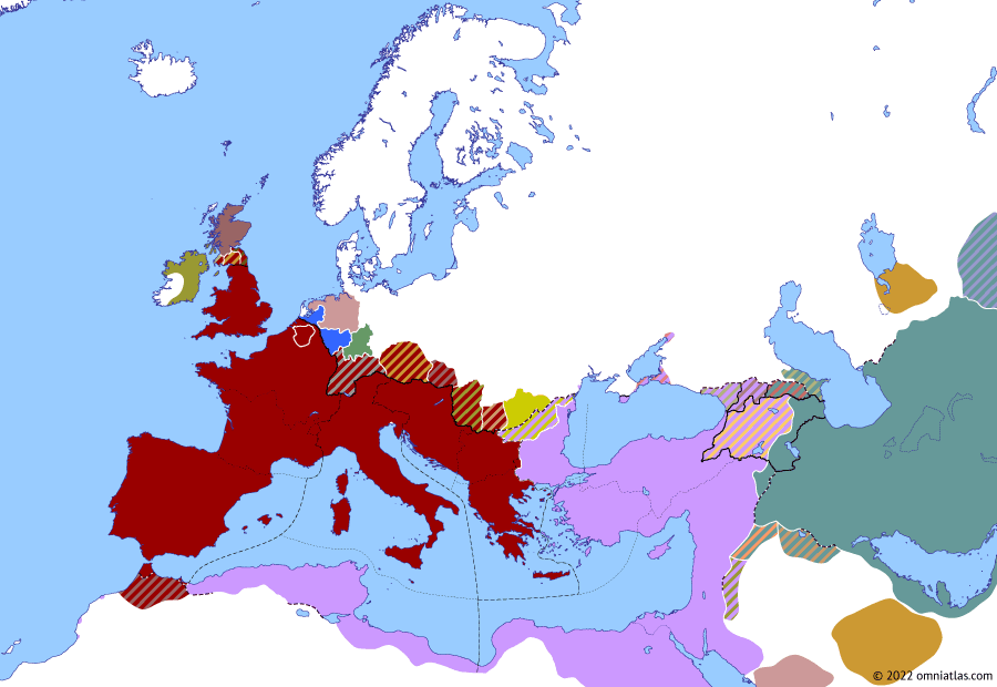 Political map of Europe & the Mediterranean on 03 Nov 361 (The Constantinian Dynasty: Death of Constantius II), showing the following events: Julian’s Attuarii Campaign; Siege of Singara; Shapur II’s Siege of Bezabde; Constantius II’s Siege of Bezabde; Vadomar’s Revolt; Julian’s Illyrian Campaign; Revolt of Aquileia; Death of Constantius II.
