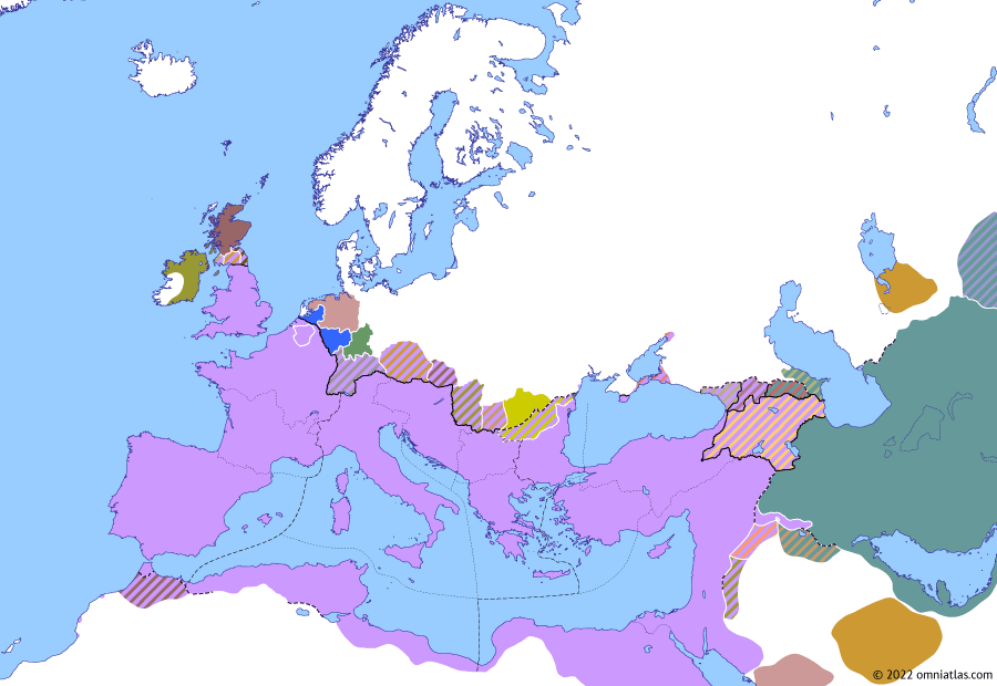 Political map of Europe & the Mediterranean on 29 May 363 (The Constantinian Dynasty: Julian’s Persian Campaign), showing the following events: Reign of Julian; Apostacy of Julian; Julian’s invasion of Persia; Siege of Maogamalcha; Battle of Ctesiphon.