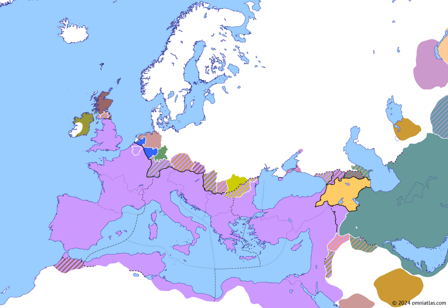 Political map of Europe & the Mediterranean on 11 Jul 363 (Valentinianic Dynasty: Treaty of Dura), showing the following events: Battle of Maranga; Battle of Samarra; Reign of Jovian; Treaty of Dura.