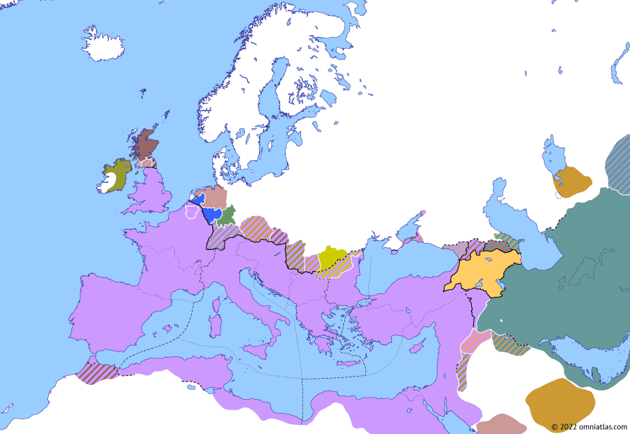 Political map of Europe & the Mediterranean on 11 Jul 363 (NO MAPS FOR THIS PERIOD YET: Treaty of Dura), showing the following events: Battle of Maranga; Battle of Samarra; Reign of Jovian; Treaty of Dura.