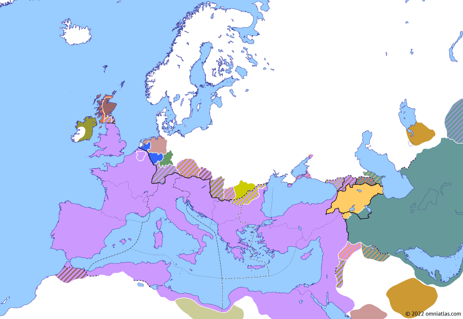 Political map of Europe & the Mediterranean on 23 Dec 364 (Valentinianic Dynasty: Valentinian and Valens), showing the following events: Restoration of Christianity; First Austoriani Raid; Raids on Roman Britain; Reign of Valentinian I; Reign of Valens; Valentinian–Valens Biarchy.