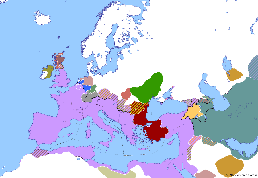 Political map of Europe & the Mediterranean on 01 Nov 365 (Valentinianic Dynasty: Revolt of Procopius), showing the following events: Rise of Ermanaric; Gepid arrival in Dacia; Revolt of Gothia; Revolt of Procopius; Alemannic campaign of 365.