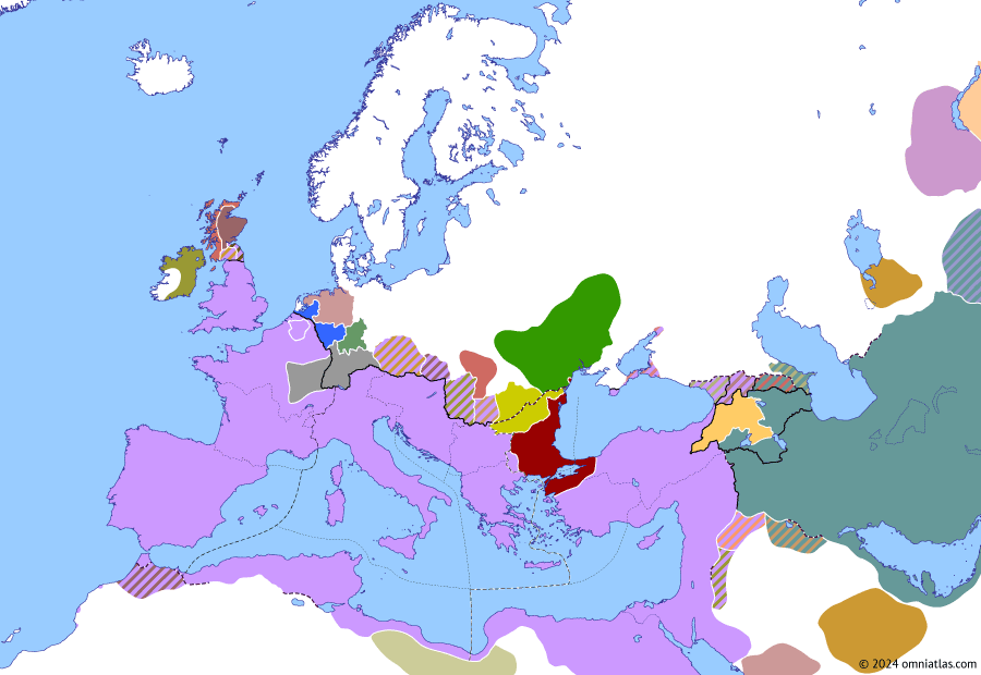 Political map of Europe & the Mediterranean on 01 Jun 366 (Valentinianic Dynasty: Usurpation of Marcellus), showing the following events: Battle of Cabillonum; Battle of Thyatira; Jovinus’ Gallic campaign; Battle of Nacolia; Usurpation of Marcellus.