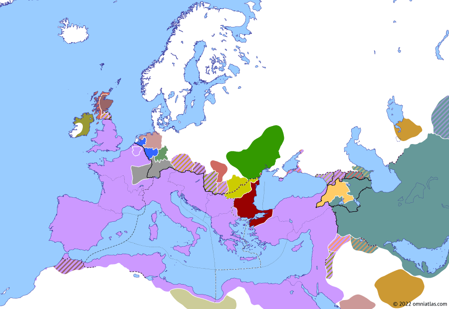 Political map of Europe & the Mediterranean on 01 Jun 366 (Valentinianic Dynasty: Usurpation of Marcellus), showing the following events: Battle of Cabillonum; Battle of Thyatira; Jovinus’ Gallic campaign; Battle of Nacolia; Usurpation of Marcellus.