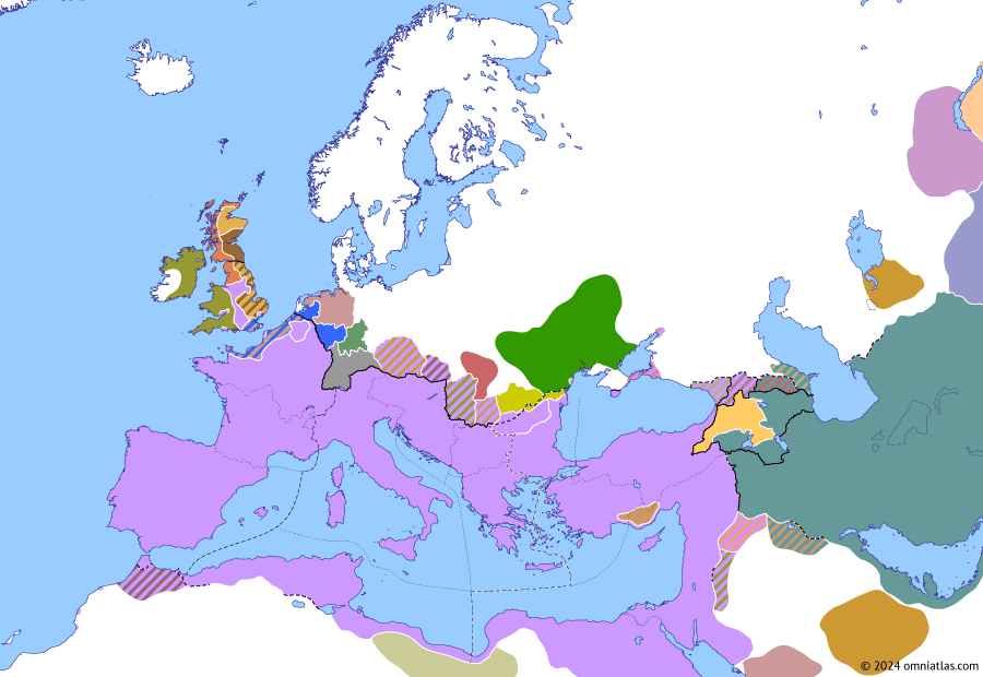 Political map of Europe & the Mediterranean on 24 Aug 367 (Valentinianic Dynasty: Great Conspiracy), showing the following events: Second Austoriani Raid; Valens’ First Isaurian War; Valens’ First Gothic War; Great Conspiracy; Great Conspiracy in Gaul; Severus and Jovinus expeditions; Accession of Kidara I; Elevation of Gratian.