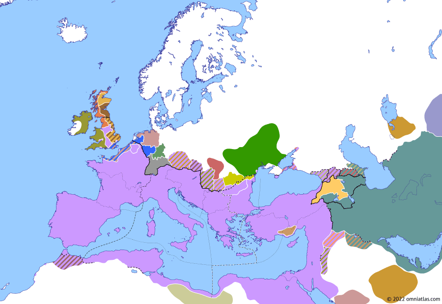 Political map of Europe & the Mediterranean on 24 Aug 367 (Valentinianic Dynasty: Great Conspiracy), showing the following events: Second Austoriani Raid; Valens’ First Isaurian War; Valens’ First Gothic War; Great Conspiracy; Great Conspiracy in Gaul; Severus and Jovinus expeditions; Accession of Kidara I; Elevation of Gratian.