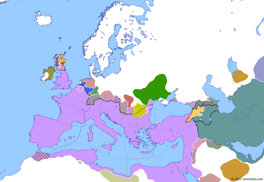 Political map of Europe & the Mediterranean on 27 Aug 369 (Valentinianic Dynasty: Valens’ First Gothic War), showing the following events: First overthrow of Saurmag II; Siege of Artogerassa; Valentinus; Noviodunum Campaign; Mount Pirus incident.