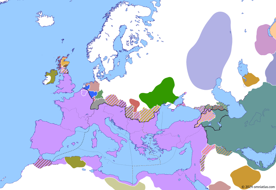 Political map of Europe & the Mediterranean on 25 Jan 373 (Valentinianic Dynasty: Battle of the Tanais River), showing the following events: Firmus of Mauretania; Shapur II’s Second Chionite War; Campaign against Macrian; Battle of the Tanais River.