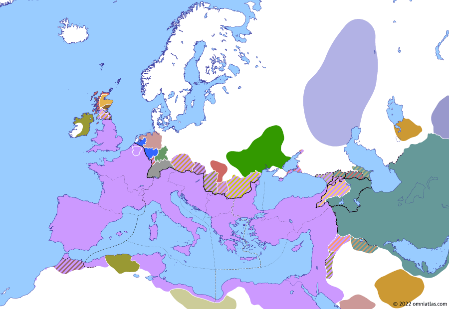 Political map of Europe & the Mediterranean on 25 Jan 373 (Valentinianic Dynasty: Battle of the Tanais River), showing the following events: Firmus of Mauretania; Shapur II’s Second Chionite War; Campaign against Macrian; Battle of the Tanais River.