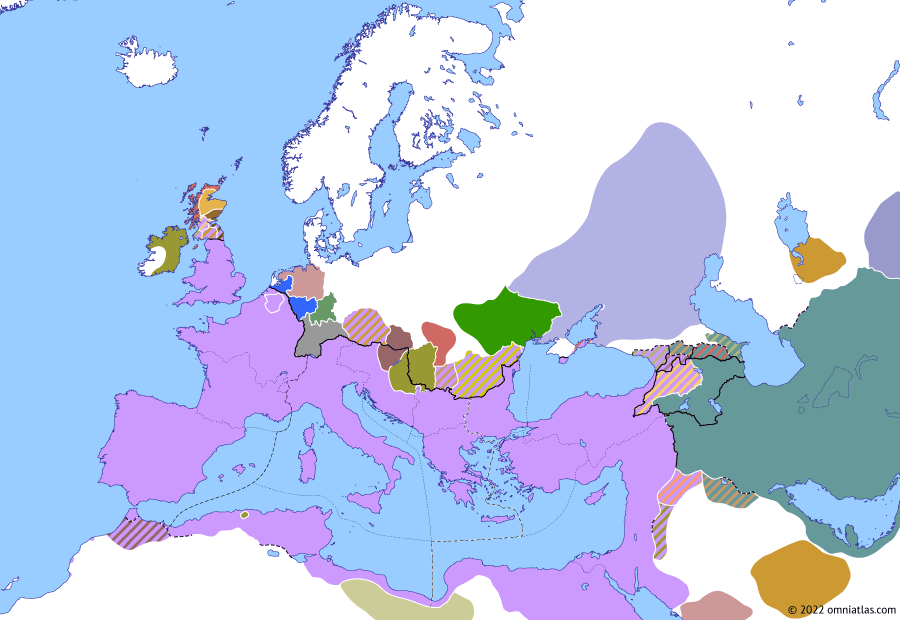 Political map of Europe & the Mediterranean on 05 Sep 374 (Valentinianic Dynasty: Hunno-Greuthungian War), showing the following events: Count Theodosius’ African Campaign; Hunnic attack on Bosporans; Hunno-Greuthungian War; Quadi and Sarmatian raids; Assassination of Pap of Armenia.