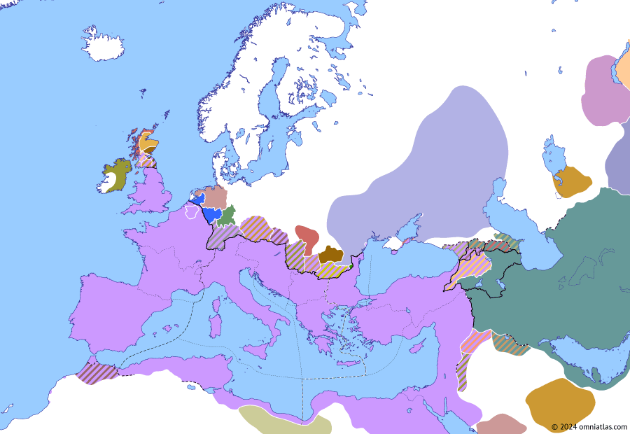 Political map of Europe & the Mediterranean on 25 Jul 376 (Valentinianic Dynasty: Hunnensturm), showing the following events: Treaty of Mogontiacum; Valens’ Second Isaurian War; Valentinian’s Quadian Campaign; Reign of Gratian; Accession of Valentinian II; Hunno-Tervingian War; Fritigern vs Athanaric; Gothic Embassy to Valens.