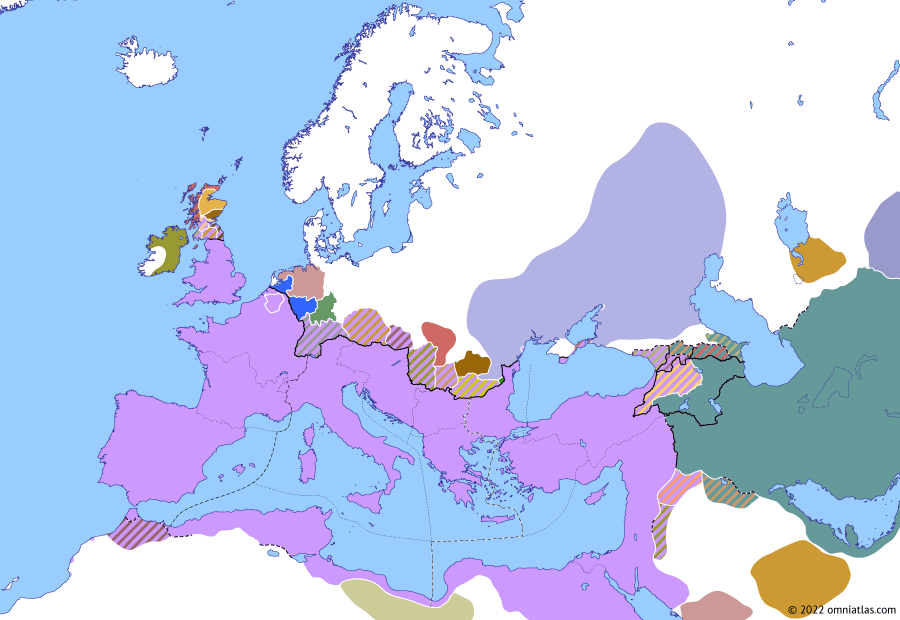 Political map of Europe & the Mediterranean on 25 Jul 376 (Valentinianic Dynasty: Hunnensturm), showing the following events: Treaty of Mogontiacum; Valens’ Second Isaurian War; Valentinian’s Quadian Campaign; Accession of Valentinian II; Hunno-Tervingian War; Fritigern vs Athanaric; Gothic Embassy to Valens.