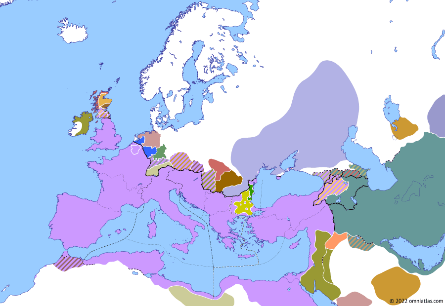 Political map of Europe & the Mediterranean on 07 Apr 378 (Valentinianic Dynasty: Mavia’s Revolt), showing the following events: Battle of Ad Salices; Battle of Dibaltum; Defeat of Farnobius; Attack of the Lentienses; Mavia’s Revolt.