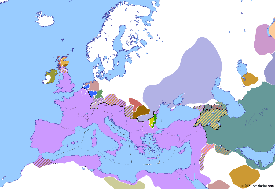 Political map of Europe & the Mediterranean on 09 Aug 378 (Valentinianic Dynasty: Battle of Adrianople), showing the following events: Manuel Mamikonian’s coup; Battle of Argentovaria; Gratian’s eastern march; Sebastianus’ raid; Final overthrow of Saurmag II; Battle of Adrianople.