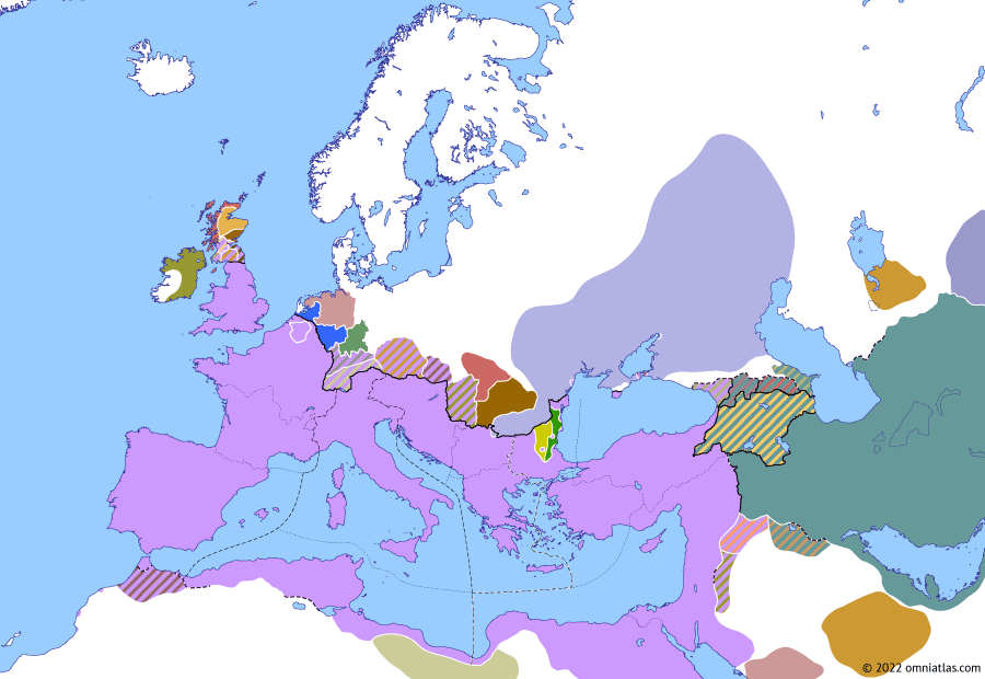 Political map of Europe & the Mediterranean on 09 Aug 378 (Valentinianic Dynasty: Battle of Adrianople), showing the following events: Manuel Mamikonian’s coup; Battle of Argentovaria; Gratian’s eastern march; Sebastianus’ raid; Final overthrow of Saurmag II; Battle of Adrianople.