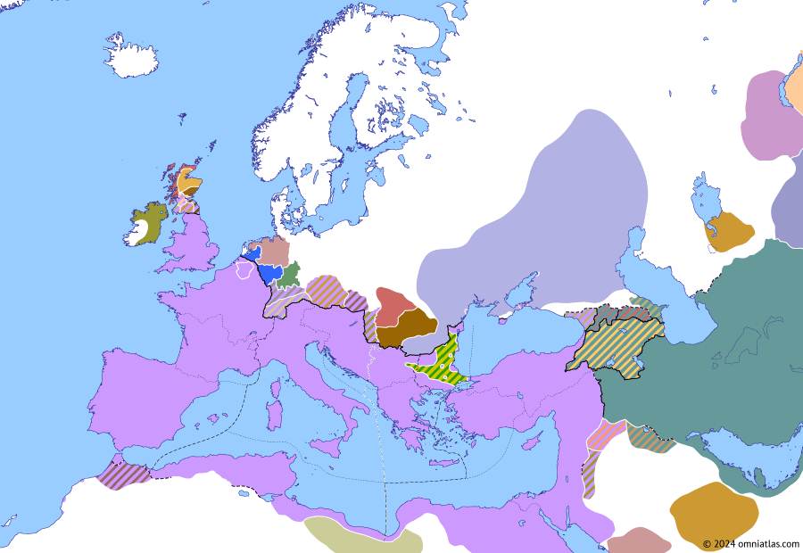 Political map of Europe & the Mediterranean on 19 Jan 379 (Valentinianic Dynasty: Elevation of Theodosius I), showing the following events: Siege of Adrianople; Battle of Constantinople; Massacre of the Gothic Garrisons; Elevation of Theodosius I; Reign of Theodosius I.