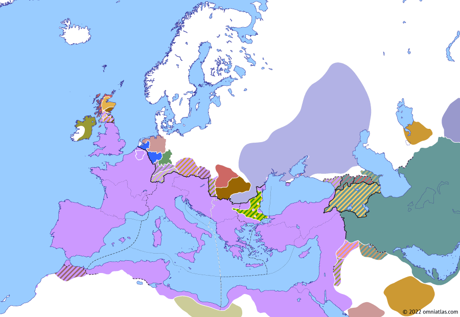 Political map of Europe & the Mediterranean on 19 Jan 379 (Valentinianic Dynasty: Elevation of Theodosius I), showing the following events: Siege of Adrianople; Battle of Constantinople; Massacre of the Gothic Garrisons; Elevation of Theodosius I.