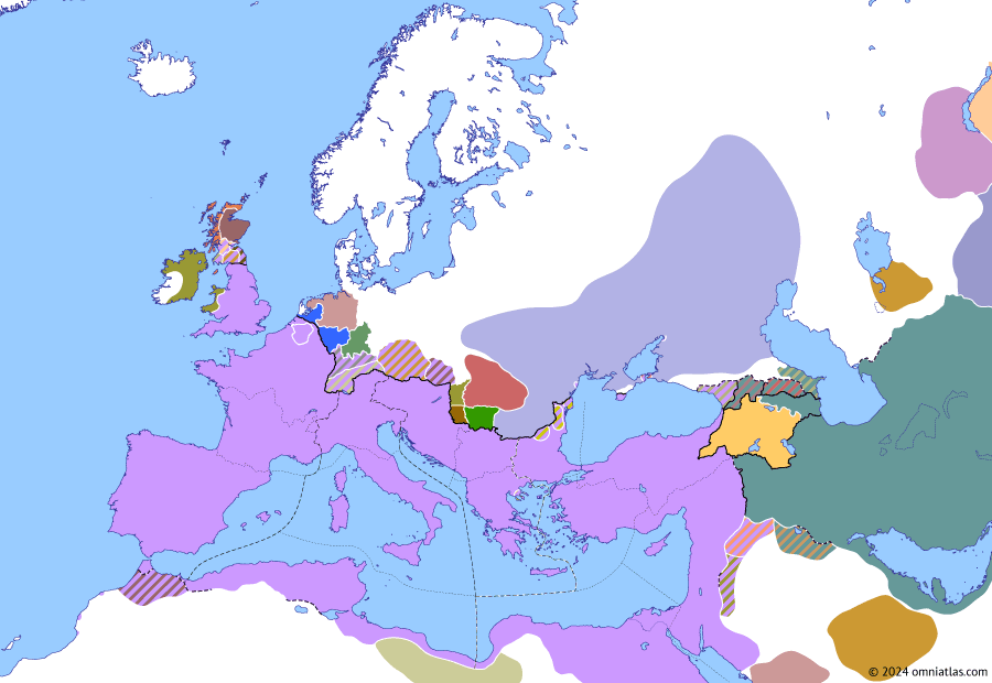 Political map of Europe & the Mediterranean on 03 Oct 382 (Valentinianic Dynasty: Roman–Gothic Peace), showing the following events: Rhenish campaign of 379; Manuel Mamikonian’s Revolt; Dispersal of the Greuthungi; Battle of Thessalonica; Reorganization of Illyricum; Downfall of Athanaric; Magnus Maximus’ British campaigns; First Council of Constantinople; Campaign of Bauto and Arbogast; Roman–Gothic Peace.