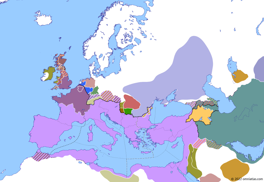 Political map of Europe & the Mediterranean on 25 Aug 383 (Theodosian Dynasty: Revolt of Magnus Maximus), showing the following events: Repulsion of the Sciri; Elevation of Arcadius; Alemannic campaign of 383; Revolt of Magnus Maximus; Macsen Wledig; Coel Hen; Battle of Paris; Second Tanukhid Revolt; Death of Gratian.