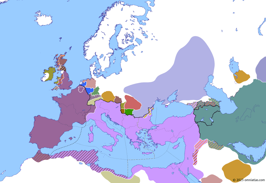 Political map of Europe & the Mediterranean on 25 Jan 387 (Theodosian Dynasty: Peace of Acilisene), showing the following events: Cession of Manuel Mamikonian; Magnus Maximus’ return to Britain; Recognition of Magnus Maximus; Gildo and Magnus Maximus; Odotheus; Magnus Maximus enters Italy; Peace of Acilisene.