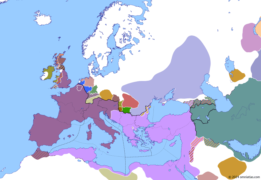 Political map of Europe & the Mediterranean on 19 Jul 388 (Theodosian Dynasty: Battle of the Save), showing the following events: Magnus Maximus invades Italy; Valentinian II’s Roman expedition; Battle of the Save.