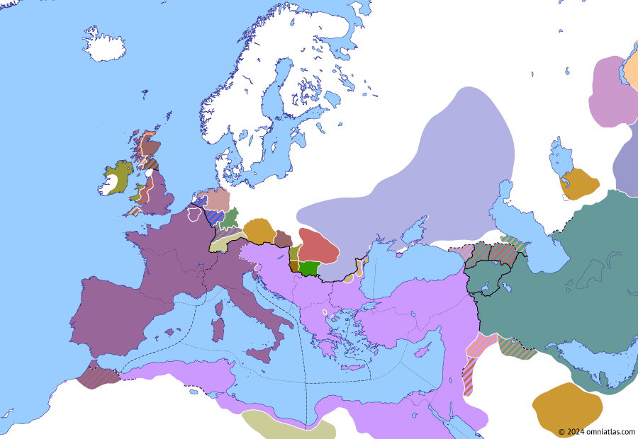 Political map of Europe & the Mediterranean on 05 Sep 394 (Theodosian Dynasty: Battle of the Frigidus), showing the following events: Theodosius I’s proscription of paganism; Elevation of Honorius; Virius Nicomachus Flavianus; Fravitta vs Eriulf; Gildo and Eugenius; March on the Frigidus; Battle of the Frigidus.