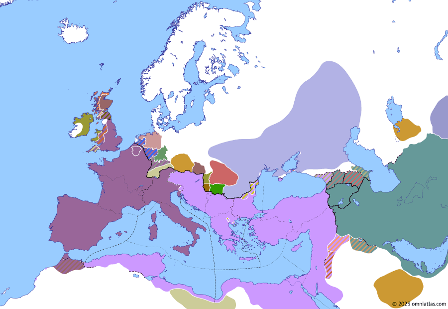 Political map of Europe & the Mediterranean on 05 Sep 394 (Theodosian Dynasty: Battle of the Frigidus), showing the following events: Theodosius I’s proscription of paganism; Elevation of Honorius; Virius Nicomachus Flavianus; Fravitta vs Eriulf; Gildo and Eugenius; March on the Frigidus; Battle of the Frigidus.