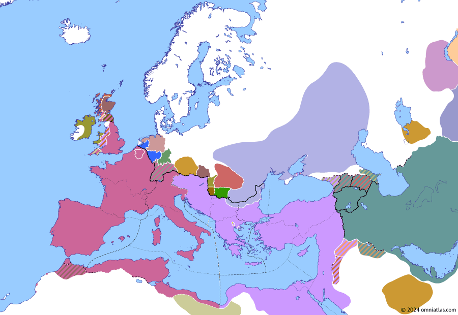 Political map of Europe & the Mediterranean on 17 Jan 395 (Theodosian Dynasty: Division of the Roman Empire), showing the following events: Death of Arbogast; Hunnic cross-Danube raid; Division of the Roman Empire; Reign of Honorius; Reign of Arcadius.