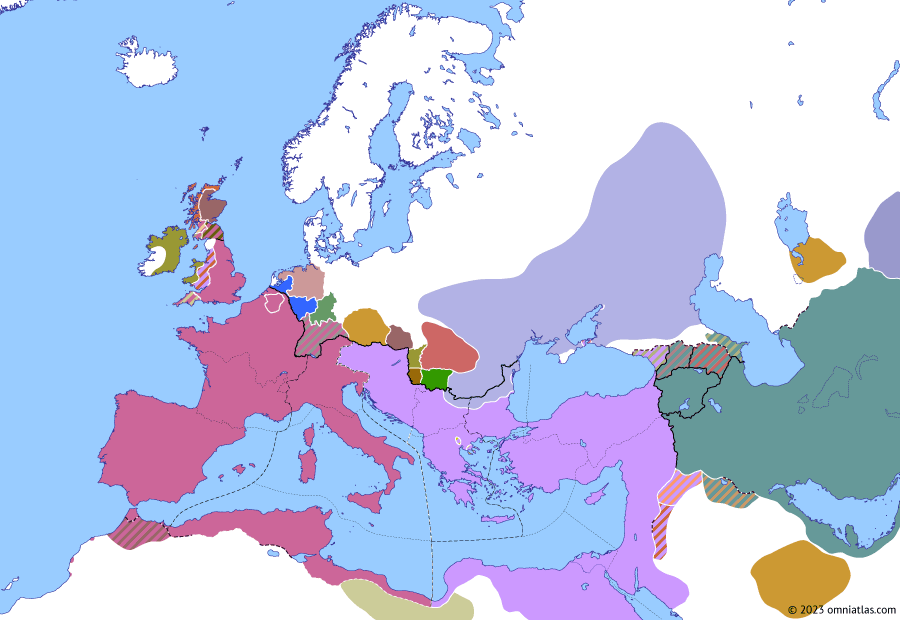Political map of Europe & the Mediterranean on 17 Jan 395 (Theodosian Dynasty: Division of the Roman Empire), showing the following events: Death of Arbogast; Hunnic cross-Danube raid; Division of the Roman Empire; Reign of Honorius; Reign of Arcadius.