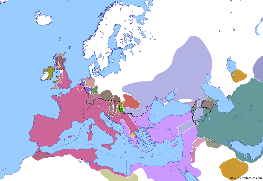 Political map of Europe & the Mediterranean on 21 Oct 395 (Theodosian Dynasty: Alaric’s Rebellion), showing the following events: Alaric’s rebellion; Hunnic invasion of the East; Stilicho’s first Gothic campaign; Stilicho’s Danubian War; Siege of Ziatha.