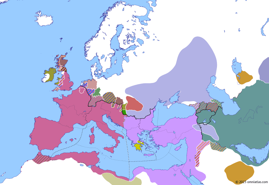 Political map of Europe & the Mediterranean on 17 Apr 396 (Theodosian Dynasty: Hunnic invasion of the East), showing the following events: Assassination of Rufinus; Western Illyricum; Hunnic invasion of Persia; Alaric’s invasion of Greece.