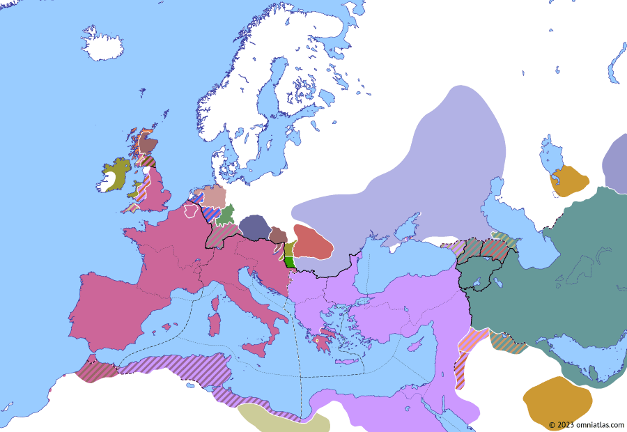 Political map of Europe & the Mediterranean on 28 Aug 397 (Theodosian Dynasty: Gildonic Revolt), showing the following events: Stilicho’s Gallic campaign; Fritigil; Stilicho’s second Gothic campaign; Stilicho *hostis publicus*; Gildonic Revolt.