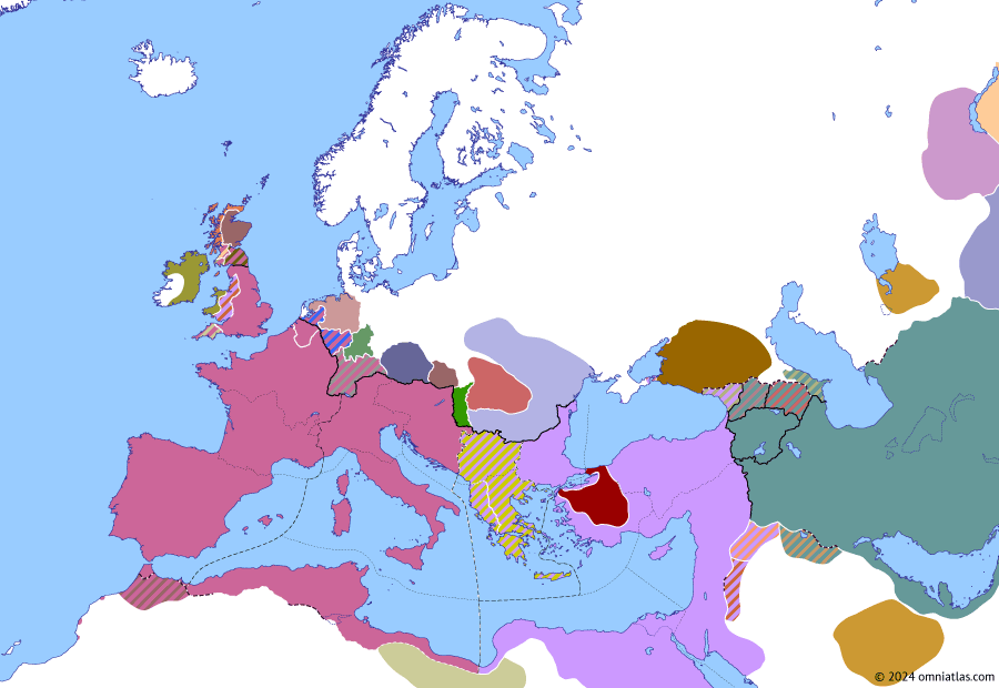 Political map of Europe & the Mediterranean on 03 Apr 400 (Theodosian Dynasty: Divided Empire: Coup of Gainas), showing the following events: Alaric *magister militum*; Eutropius’ Hunnic campaign; Gildonic War; Stilicho’s Pictish War; Tribigild’s revolt; Co-reign of Aelia Eudoxia; Uldin; Coup of Gainas.