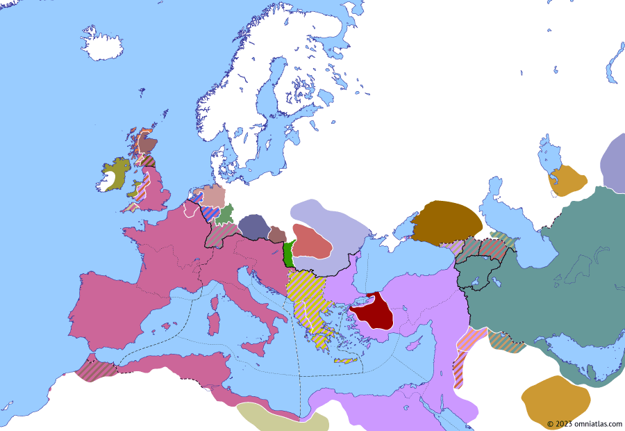 Political map of Europe & the Mediterranean on 03 Apr 400 (Theodosian Dynasty: Coup of Gainas), showing the following events: Alaric *magister militum*; Eutropius’ Hunnic campaign; Gildonic War; Stilicho’s Pictish War; Tribigild’s revolt; Co-reign of Aelia Eudoxia; Coup of Gainas.