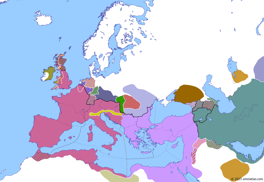 Political map of Europe & the Mediterranean on 25 Feb 402 (Theodosian Dynasty: Alaric’s invasion of Italy), showing the following events: Anti-Gothic riot in Constantinople; Battle of the Hellespont; Death of Gainas; Stilicho’s Vandalic War; Alaric’s invasion of Italy; Siege of Milan.