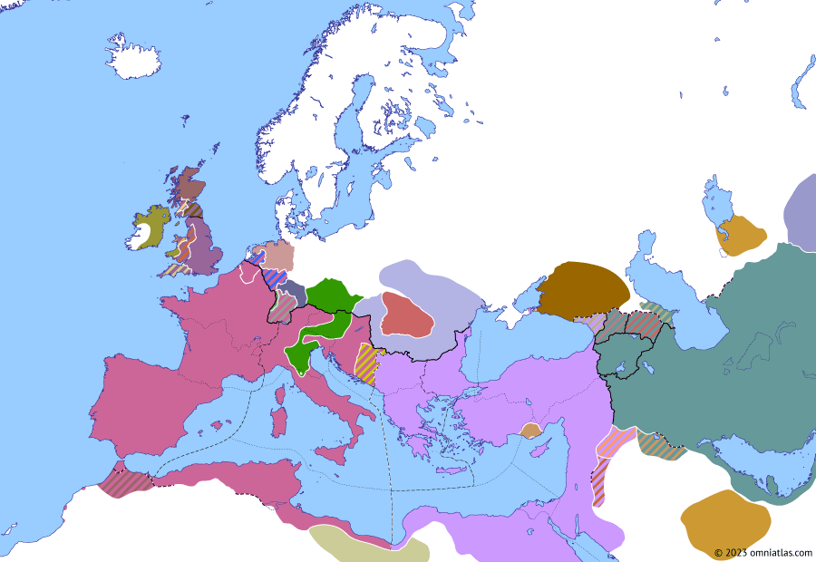 Political map of Europe & the Mediterranean on 14 Jul 406 (Theodosian Dynasty: Radagaisus), showing the following events: Radagaisus; Vandal–Frankish War; Siege of Florence; Niall of the Nine Hostages in Britain; Marcus of Britain.