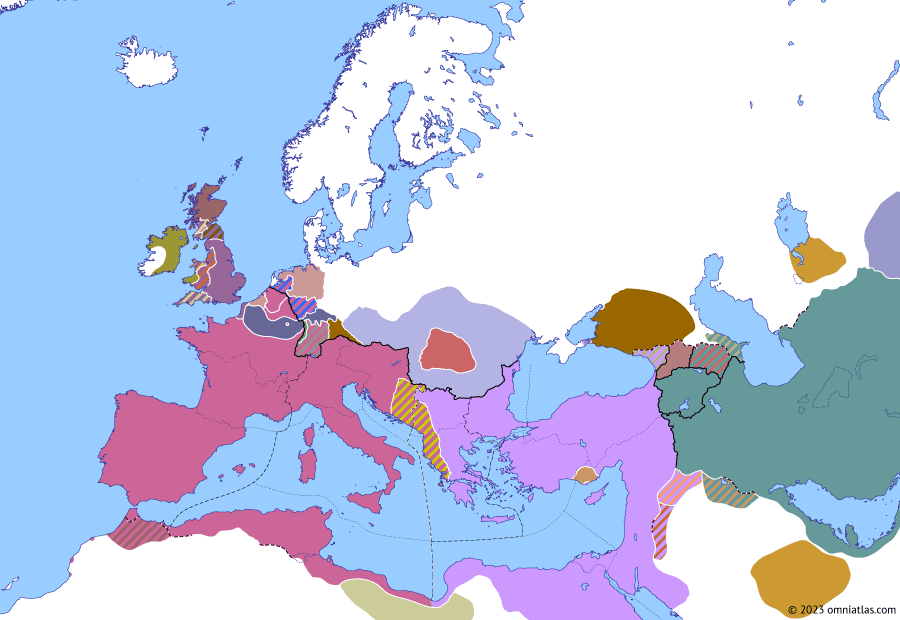 Political map of Europe & the Mediterranean on 24 May 407 (Theodosian Dynasty: Constantine III), showing the following events: Sack of Belgica and Germania; Pannonian Vandals; Revolt of Constantine III; Saxon raids on Gaul; Illyricum Campaign; Constantine III’s invasion of Gaul.
