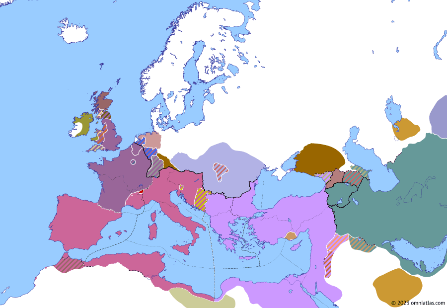 Political map of Europe & the Mediterranean on 21 Apr 408 (Theodosian Dynasty: Divided Empire: Stilicho vs Constantine III), showing the following events: Hispaniae declares for Constantine III; Thorismud vs the Gepids; Alliances of the Barbarians; Alaric in Emona; Didymus and Verinianus; Sarus vs Constantine III; Roman–Persian crisis.