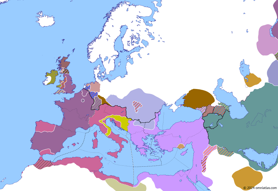 Political map of Europe & the Mediterranean on 03 Dec 408 (Theodosian Dynasty: Alaric’s First Siege of Rome), showing the following events: Reign of Theodosius II; Fall of Castra Martis; Constans II vs Didymus and Verininaus; Mutiny at Ticinum; Death of Stilicho; Massacre of the Gothic Families; Alaric’s First Siege of Rome.