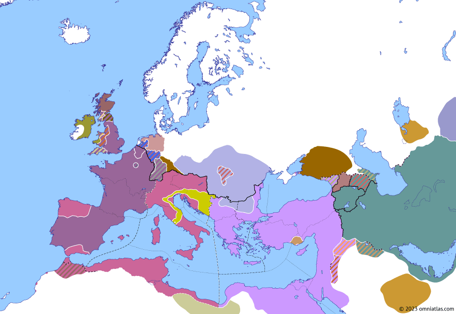 Political map of Europe & the Mediterranean on 03 Dec 408 (Theodosian Dynasty: Alaric’s First Siege of Rome), showing the following events: Reign of Theodosius II; Fall of Castra Martis; Constans II vs Didymus and Verininaus; Mutiny at Ticinum; Death of Stilicho; Massacre of the Gothic Families; Alaric’s First Siege of Rome.